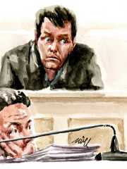 La personnalité de l’accusé, Benjamin Cochet, a été passée en revue lors du cinquième jour de l’audience du meurtre de Renève. Ici, entre ses deux avocats, Maîtres Estève et Nicolle. Dessin de Zziigg