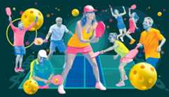 AARP's Guide to Pickleball - collage of pickleball players on a court collage of pickleball players and picklelballs on a court that says a a r p on either end