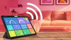 A tablet displaying smart home controls in a living room a tablet displaying smart home controls in a living room
