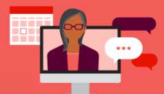 an illustration showing a woman in a monitor a red and white illustration showing a woman in a monitor flanked by a word bubble and a calendar