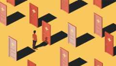 Understanding Long-term Care Insurance person stands at a door marked with a first aid cross there are a series of many doors and the person is wondering which is the best choice