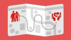 Definitions of terms related to brain health illustration of a map with an icon of a person helping another person with a cane navigate towards caregiving