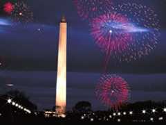 Washington Monument. Washington Monument and fireworks, Washington DC. The Monument was built as an obelisk near the west end of the National Mall to commemorate the first U.S. president, General George Washington.