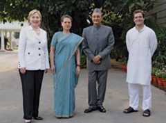 Sonia Gandhi, Hillary Clinton, Karan Singh, and Rahul Gandhi