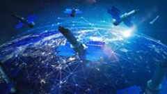 An illustration showing various satellites with solar panels on either side hovering over Earth