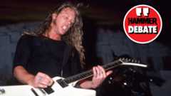 James Hetfield performing onstage with metallica in 1986, with a logo that says HAMMER DEBATE in-set