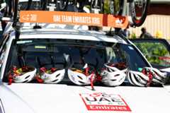 ADELAIDE, AUSTRALIA - JANUARY 25: A view of the UAE Team Emirates team bike helmets on the support car during the 25th Santos Tour Down Under Think! Road Safety Men's Stage 5 from McLaren Vale to Willunga Hill on January 25, 2025 in Adelaide, Australia. (Photo by Peter Mundy/Getty Images)