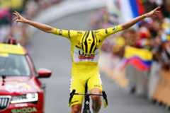 ISOLA 2000, FRANCE - JULY 19: Tadej Pogacar of Slovenia and UAE Team Emirates - Yellow Leader Jersey celebrates at finish line as stage winner during the 111th Tour de France 2024, Stage 19 a 144.6km stage from Embrun to Isola 2000 - (2022m) / #UCIWT / on July 19, 2024 in Isola 2000, France. (Photo by Dario Belingheri/Getty Images)