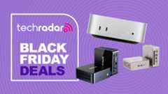 An Apple, Geekom, and GMKtec mini pc on a purple background next to a TechRadar badge reading 'Black Friday deals'