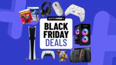 PS5, Nintendo Switch 2, and PC with accessories and games on a blue background with Black Friday deals badge
