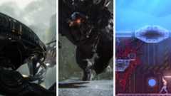 Split image showing three games where you play as the alien monster: Alien vs Predator, Evolve, and Carrion.