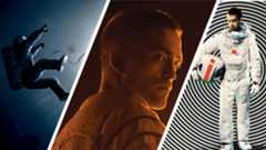 Split image showing screenshots from three bleak sci-fi movies (L-R): Gravity, High Life, and Moon.