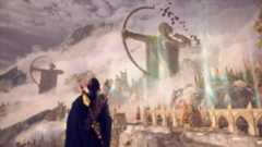 Rook looks at giant statues in Arlathan forest