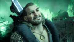 Varric grins in the middle of a battle