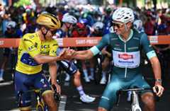 SAINT-PRIEST, FRANCE - JUNE 12: (L-R) Remco Evenepoel of Belgium and Team Soudal Quick-Step - Yellow leader jersey and Mathieu van der Poel of Netherlands and Team Alpecin - Deceuninck - Green points jersey prior to the 77th Criterium du Dauphine 2025, Stage 5 a 183km stage from Saint-Priest to Macon / #UCIWT / on June 12, 2025 in Saint-Priest, France. (Photo by Dario Belingheri/Getty Images)