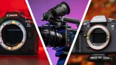 Triptych of the Canon EOS R5 II, Blackmagic Pyxis 6K and Sony A1 II cameras