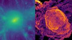 A comparison of a blue and green colored image with a ball of green light in the middle on the left and a purple and yellow image with an orange cloud on the right