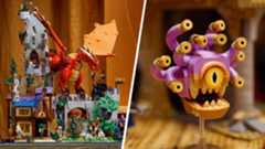 The full Lego Dungeons & Dragons set with minifigures and red dragon, divided from a Lego Beholder by a white line