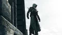 A screen shot of an assassin standing on a ledge in Assassin's Creed