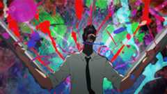 Chainsaw Man revving his chainsaws in front of a psychedelic background
