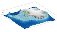 A graphic shows the outline of the modern area of the Antarctic continent, most of which is not covered by ice.