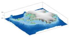 A graphic shows the outline of the modern area of the Antarctic continent, most of which is not covered by ice.