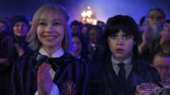 Wednesday (Jenna Ortega) and Enid (Emma Myers) in Wednesday season 2 part 1