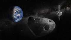 An illustration showing a spacecraft to the right of a rocky asteroid in the foreground with the Earth in the left background