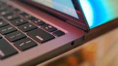 The headphone jack and screen of an M1 MacBook Air