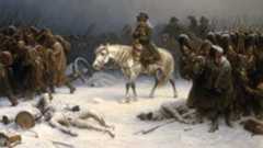 a painting of Napoleon's army retreating in the winter with dead bodies on the snowy ground