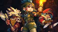 Three adventurers in Hytale stand poised to do battle in an ancient ruin.