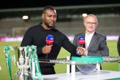 Wes Morgan and Martin O'Neill draw the balls for the second round of the Carabao Cup after the Carabao Cup First Round match between Burton Albion and Leicester City at Pirelli Stadium on August 9, 2023 in Burton-upon-Trent, England.