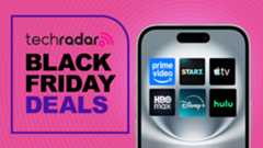 A phone with several streaming service logos next to the words 'Black Friday deals'