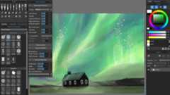 Rebelle 7 review; a digital watercolour painting of a house with the northern lights