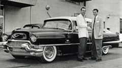 Sam Phillips presents Carl Perkins with a Cadillac outside Sun Studios