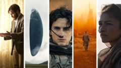 Split image showing five Denis Villeneuve sci-fi movies. L-R: Enemy, Arrival, Dune: Part Two, Blade Runner 2049, and Dune.
