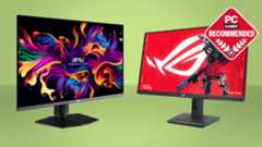 MSI and Asus gaming monitors on a green background with the PC Gamer recommended logo in the top right