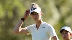 Nelly Korda scratches her head during the 2025 CME Group Tour Championship