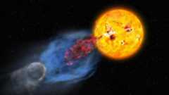 A white orange sphere representing the sun spews red and blue gas toward a gray small exoplanet