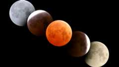 A series of moon images showing the phases of the lunar eclipse, with the moon going through various shadows until it turns red in the middle for the total lunar eclipse