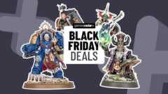Marneus Calgar, Deathwatch, Soulblight Gravelord Skeleton, and Daemonsmith models on either side of a GamesRadar+ Black Friday deals badge against a gray background