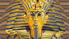 An image of King Tut's death mask with a patterned background