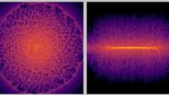 Two images side by side showing various pink and purple and yellow shapes of galaxies