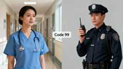 A doctor checking a patient's vitals while a police officer stands in the background.