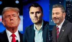 Trump, Kirk and Kimmel. Shutterstock and Wikimedia.