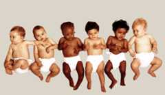 Six infants in nappies lying in a row on a crumpled paper background in a halftone style.