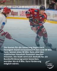 Dieser Alternativtext wurde KI-generiert: Schwarz-weißes Foto von zwei Eishockeyspielern auf dem Eis. Im Hintergrund eine Werbetafel und Text zu den Kosten einer Sanierung.