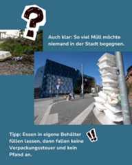 Dieser Alternativtext wurde KI-generiert: Eine Collage zeigt Müll in der Natur, eine moderne Stadtansicht und volle Müllbehälter. Der Text weist darauf hin, dass weniger Müll in der Stadt erwünscht ist und gibt Tipps zur Müllvermeidung.