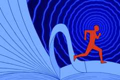 a figure running over an opened book turning its pages
