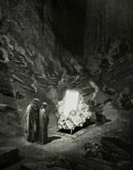 illustration with 1861 engraving of the arch-heretics from Dante's "Inferno" with two people looking at glowing smartphone screen surrounded by people climbing out of tombs with fires smoking and city wall in background